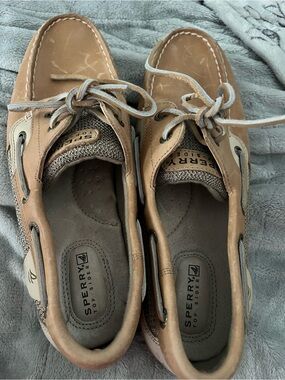 Sperry Light Brown Tan Leather & Fabric Boat Shoes